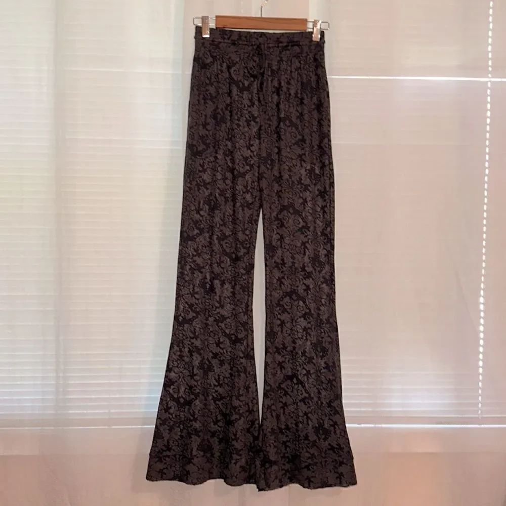 free people XS intimately lightweight waffle knit brown black floral wide pants